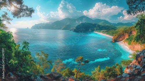 Picturesque view, ocean alongside mountains, adventure vibe, AI Generative
