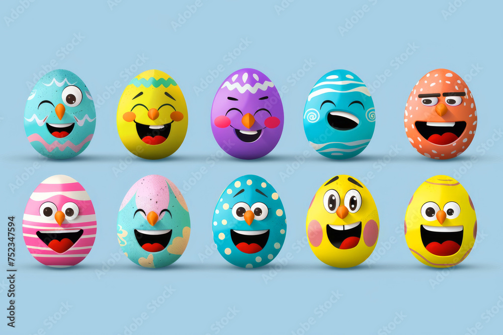 A set of colorful cartoon eggs with different expressions. Some are smiling, while others are frowning. Easter eggs characters vector set design. Easter egg character decoration with happy, smiling A set of colorful cartoon eggs with different expressions. Some are smiling, while others are frowning. Easter eggs characters vector set design. Easter egg character decoration with happy, smiling
