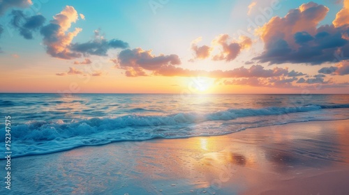 Azure breeze and coral sun, tropical paradise theme, serene beach day, warm coastal sunrise, tranquil sea horizon, peaceful ocean mornings, vibrant sunrise colors