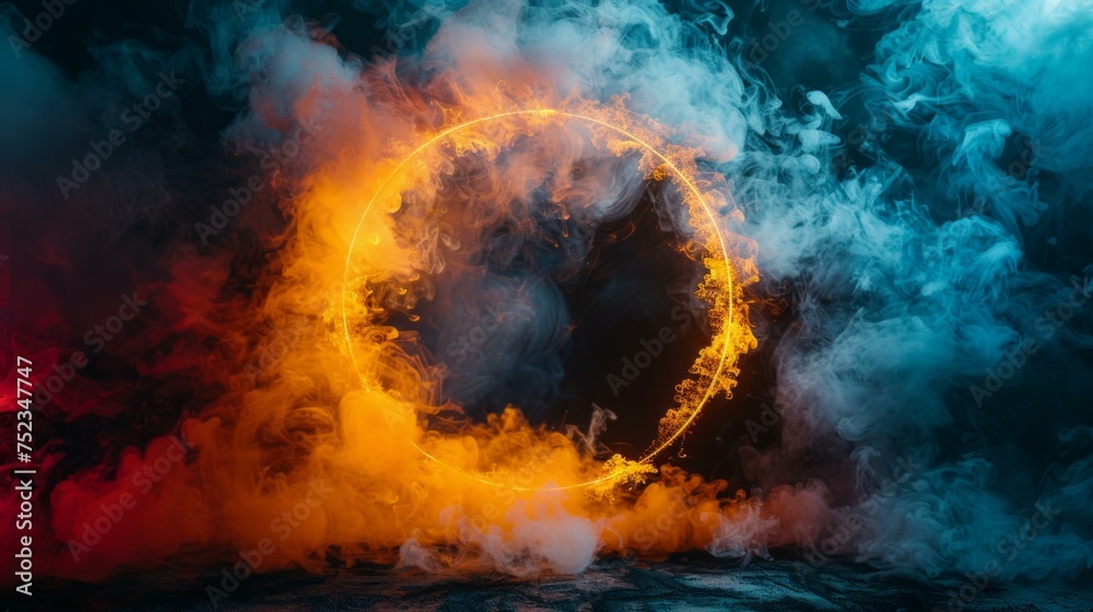 Smoke round frame, ink water mix, occult wheel, explosion smog cloud, orange-red yellow fume circle, AI Generative - obrazy, fototapety, plakaty 