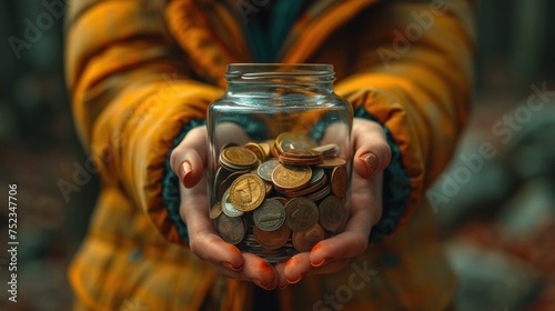 Young woman hands holding glass jar with coins inside, Woman hands with coins in glass jar, top view.