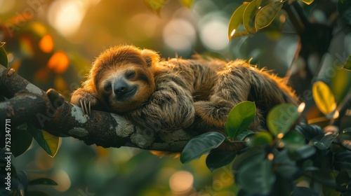 sloth leisurely perched, vibrant jungle, carefree, photorealistic, immersive, soft focus, natural daylight, AI Generative © sorapop