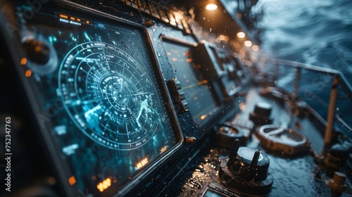 Sleek digital radar screen, the heart of a ship's bridge, casts a soft light in the dim cabin, its advanced interface set against an abstract, AI Generative © sorapop