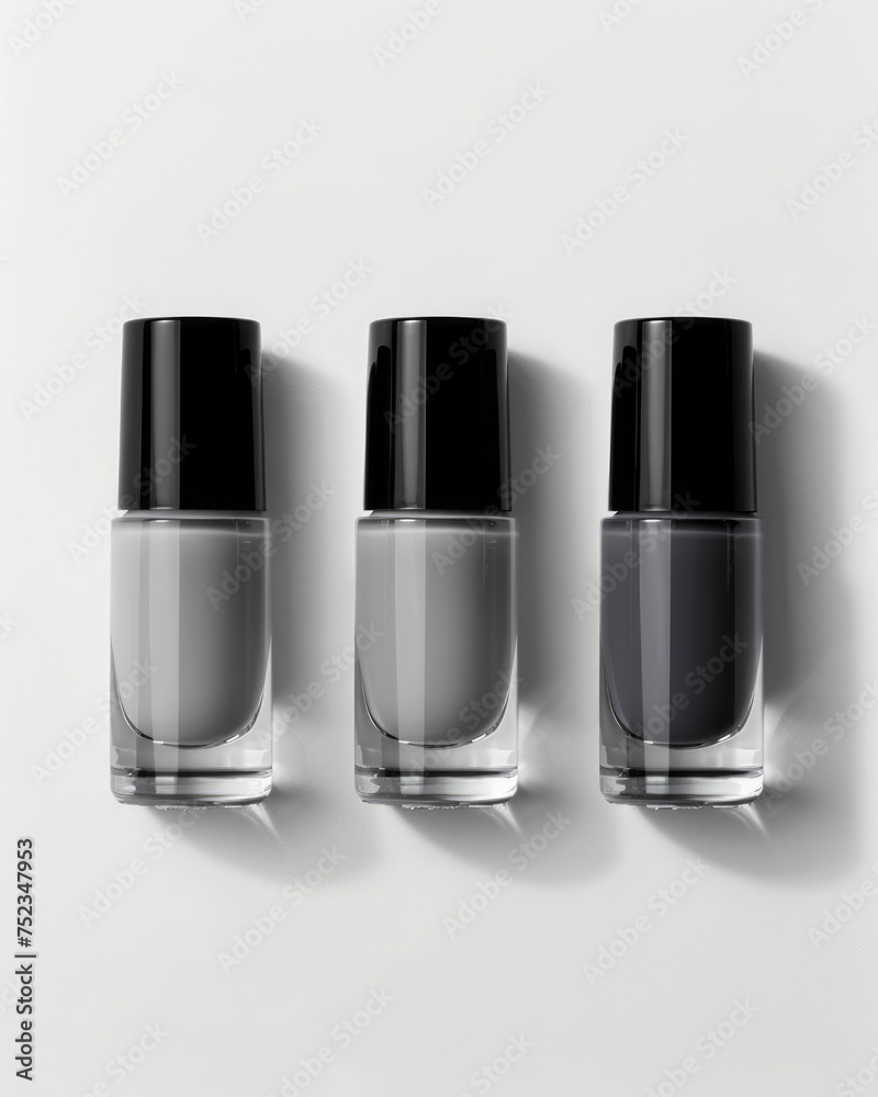 A minimalist composition with bottles of nail polish in chic neutral tones on a clean white background. Monochrome gray shade A minimalist composition with bottles of nail polish in chic neutral tones on a clean white background. Monochrome gray shade