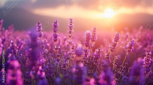 Sun dipping below horizon behind lavender field, magical, radiant colors, serene mood, AI Generative © sorapop