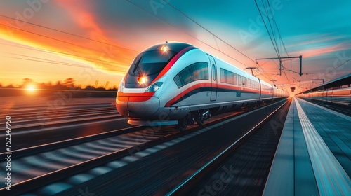 streamlined train darting across international borders, concept of rapid passenger transit, future of logistics, on a magnate's rail network, dynamic, AI Generative