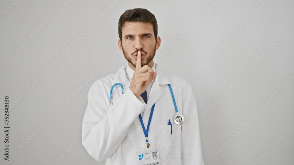 Young hispanic man wearing stethoscope asking to be quiet with finger on lips. silence and secret concept. over isolated white background Young hispanic man wearing stethoscope asking to be quiet with finger on lips. silence and secret concept. over isolated white background