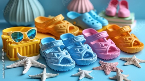 Kids summer accesories for sunny days and vacations. Sunglasses, sandals, sand molds for beach fun time photo