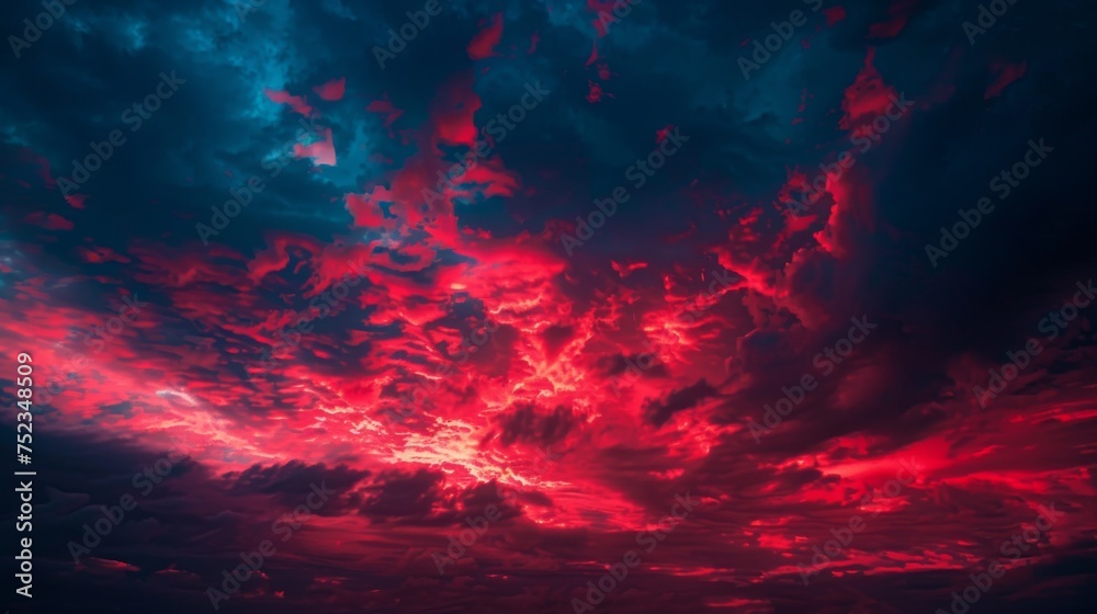 Crimson red and night sky blue, dramatic evening theme, intense color drama, bold night sky, passionate mood setting, deep romantic ambiance, striking color contrast, vivid evening skies