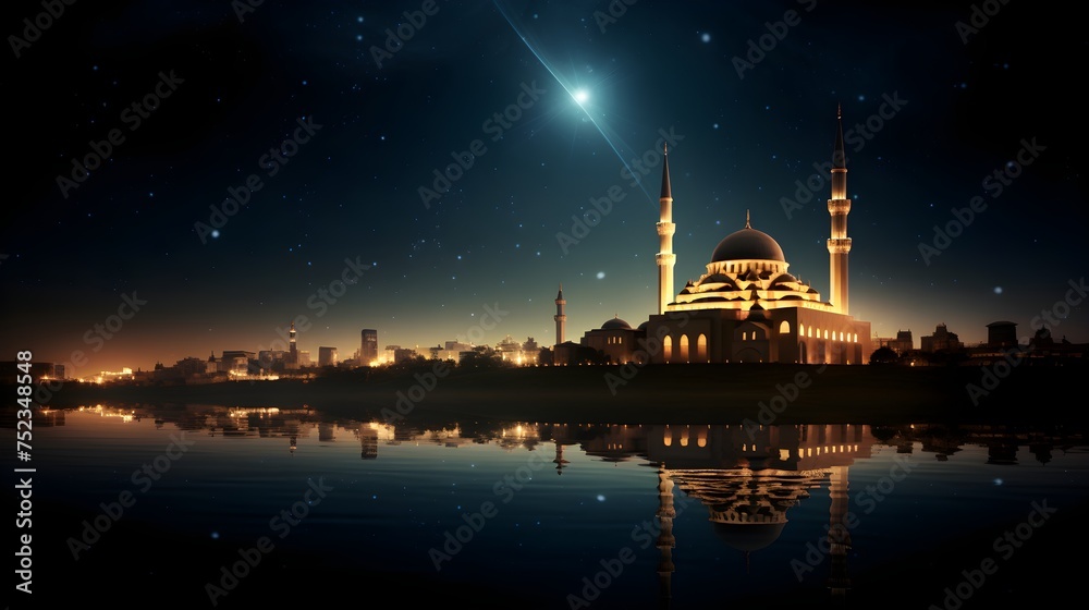 Ramadan kareem celebration template with night landscape with mosque and stars. banner decoration background