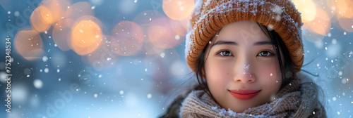  Illustration of Portrait of Asian Female in Casual Wear , Young girl wrapped in the snow 