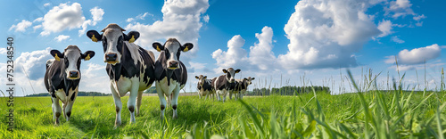 Group of cows in meadow farm panorama view with blue sky. Generative AI