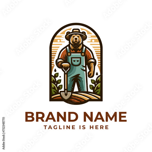 A bear farmer logo, epitomizing hard work, nurturing, and natural abundance. Ideal for agricultural businesses or sustainable farming initiatives.