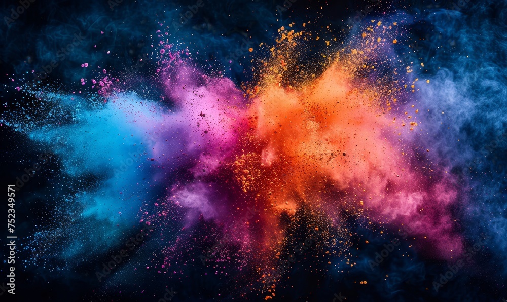 A dynamic explosion of blue and red colored powder against a stark black background, creating a vivid and artistic display. A dynamic explosion of blue and red colored powder against a stark black background, creating a vivid and artistic display.