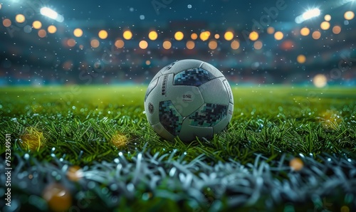 A close-up view of a classic black and white soccer ball on a dewy green grass field, illuminated by stadium lights at night. © khwanchai