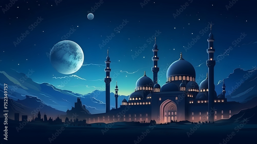 Ramadan kareem celebration illustration template with night landscape with mosque and moon
