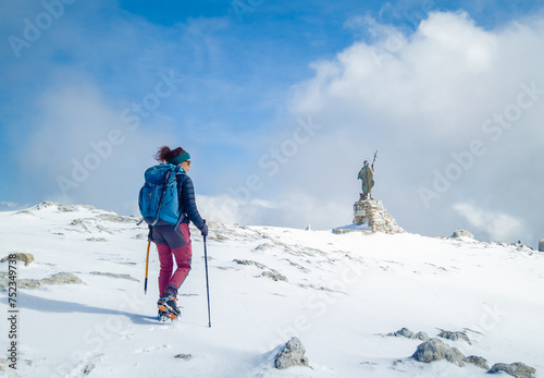 Mount Cantari (Frosinone, Italy) - In the Monti Simbruini mountain range with Monte Viglio, one of hightest peaks in Lazio region, here in winter with snow and alpinist.