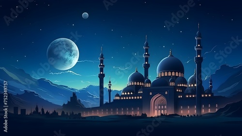 Ramadan kareem celebration illustration template with night landscape with mosque and moon