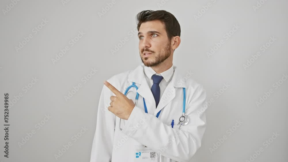 Shocked young hispanic man, wearing stethoscope, points aside with nervous expression and forefinger - regretful mistake on isolated white background. Shocked young hispanic man, wearing stethoscope, points aside with nervous expression and forefinger - regretful mistake on isolated white background.