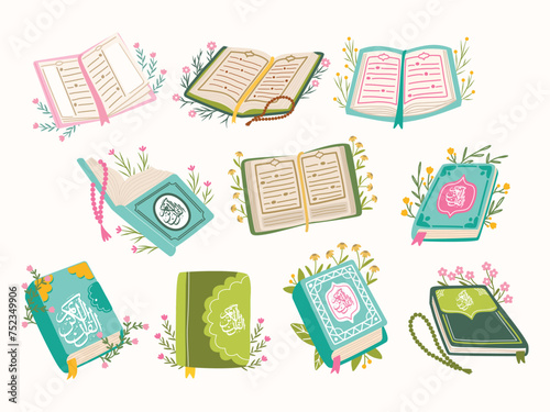 Quran with Aesthetic Leaf and Flowers Vector Illustration