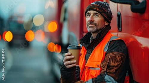 A man wearing an orange vest, holding a cup of coffee.