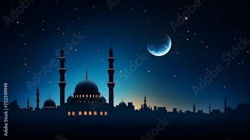 Ramadan kareem celebration illustration template with night landscape with mosque and moon © Canities