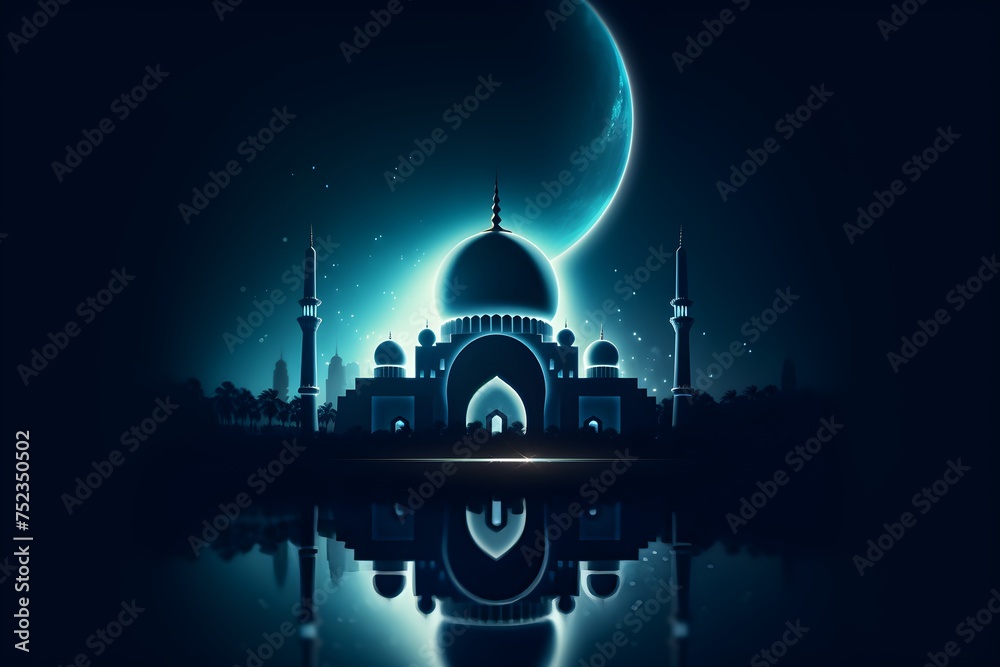 Ramadan kareem celebration illustration template with night landscape with mosque and moon