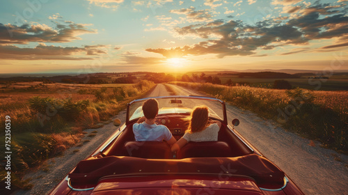 Couple traveling by a cabriolet on countryside road with cloudy sky photo