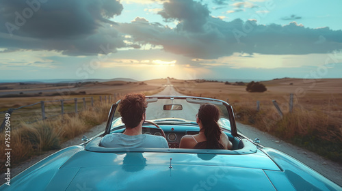 Couple traveling by a cabriolet on countryside road with cloudy sky