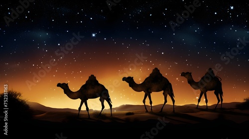 Silhouettes of camels in the desert at night on the background of the starry sky. Ramadan Kareem background