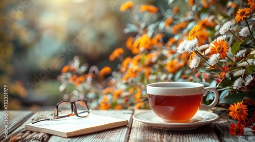 Mobile phone, glasses, a cup of tea, flowers, stationery on wooden background.