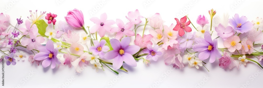 Flat lay of fresh flowers on white background