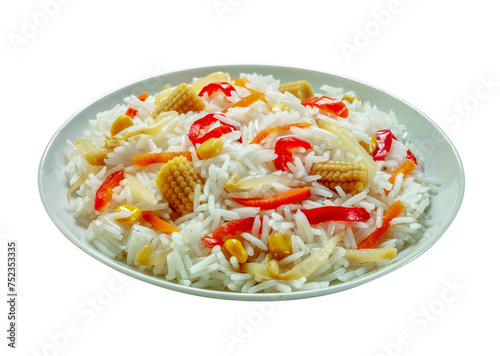 rice salad with mail, red and yellow peppers and bean sprouts
