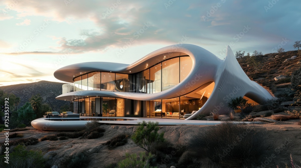 Modern hillside home with panoramic views and unique architecture Modern hillside home with panoramic views and unique architecture