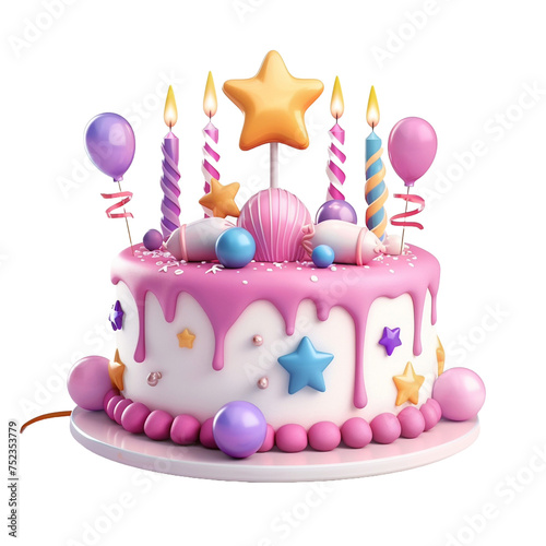 pink birthday cake with candles vector cartoon illustration isolated on transparent background - Generative AI