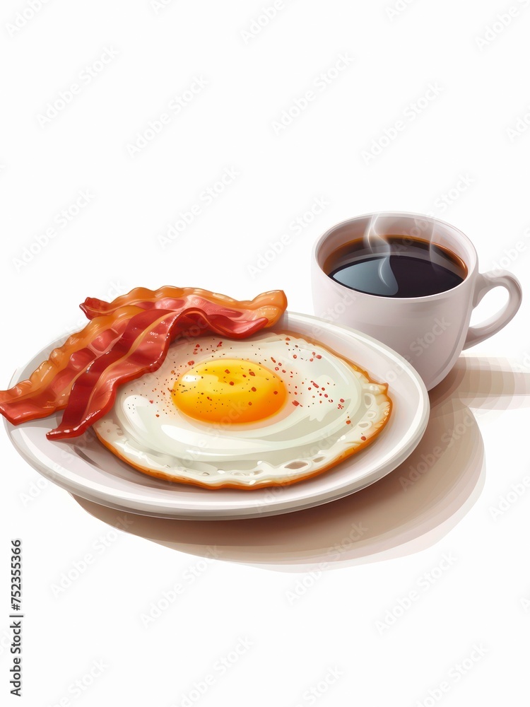Breakfast made up of fried egg with bacon and cup of black coffee on white background. Breakfast made up of fried egg with bacon and cup of black coffee on white background.