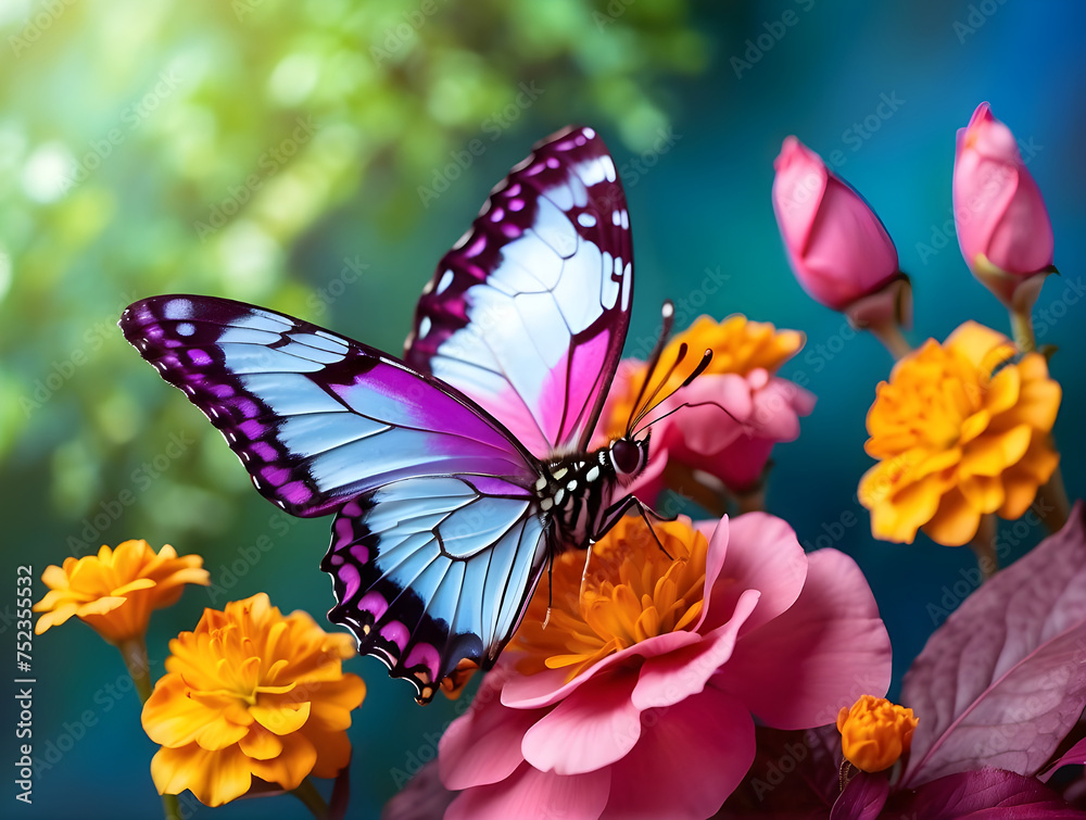 Colorful butterflies swarm on flowers amidst a beautiful natural background. Colorful butterflies swarm on flowers amidst a beautiful natural background.