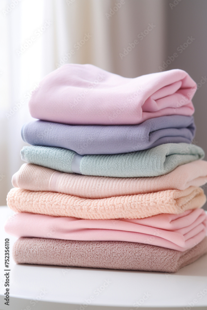 stock photo,Neat stack of folded pastel-colored towels. spring laundry, simple, feminine palette сreated with Generative Ai