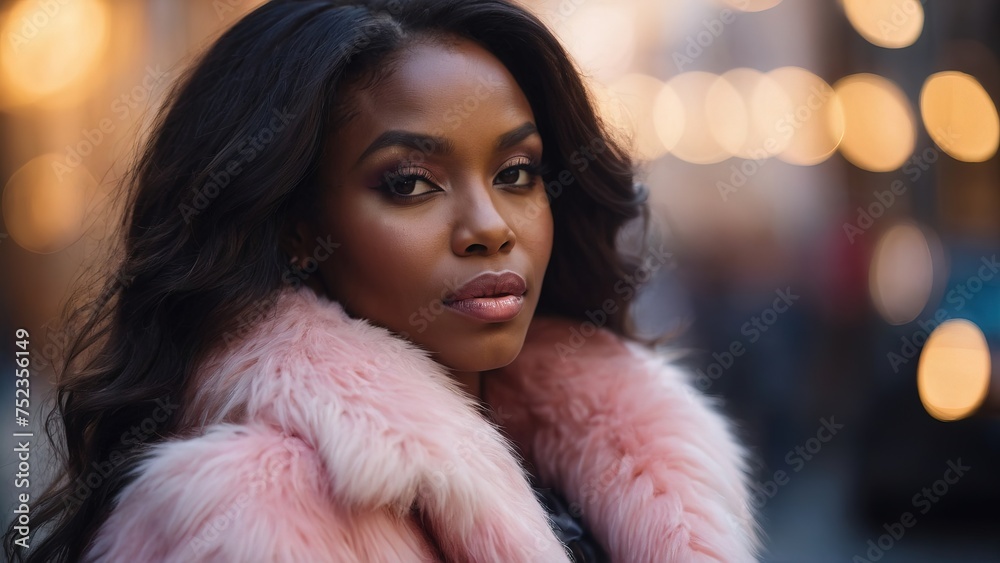 Beauty of a black woman with long hair, pink fur coat with long faux fur Beauty of a black woman with long hair, pink fur coat with long faux fur