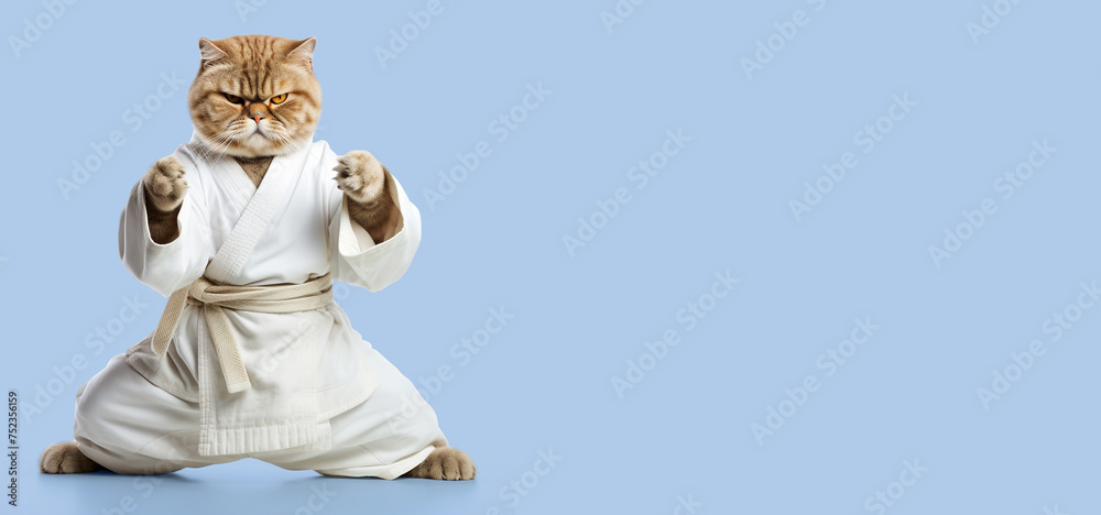 Funny cat in a white kimono doing karate or Asian martial art.