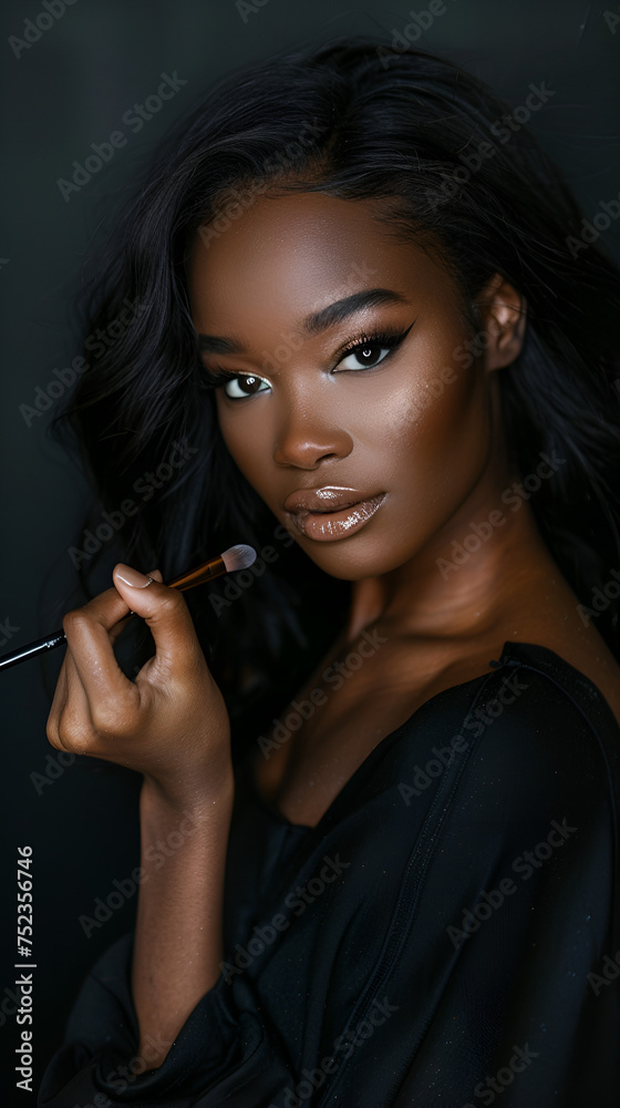 Obraz premium a beautiful black woman model holding makeup tools 