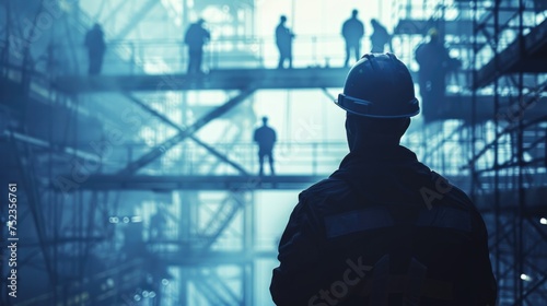 Engineer Technician Watching Team of Workers on High Steel Platform 