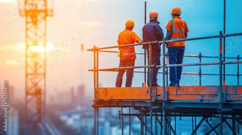 Engineer Technician Watching Team of Workers on High Steel Platform 