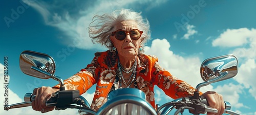 Energetic senior woman riding a motorbike under a bright blue sky