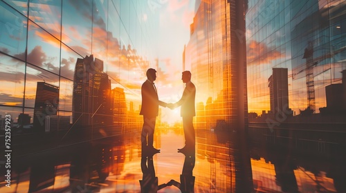 Businessmen handshake on an abstract background corporate skyscrapers at sunset, double exposure. Partnership, success, deal, agreement, cooperation, business contract concept photo