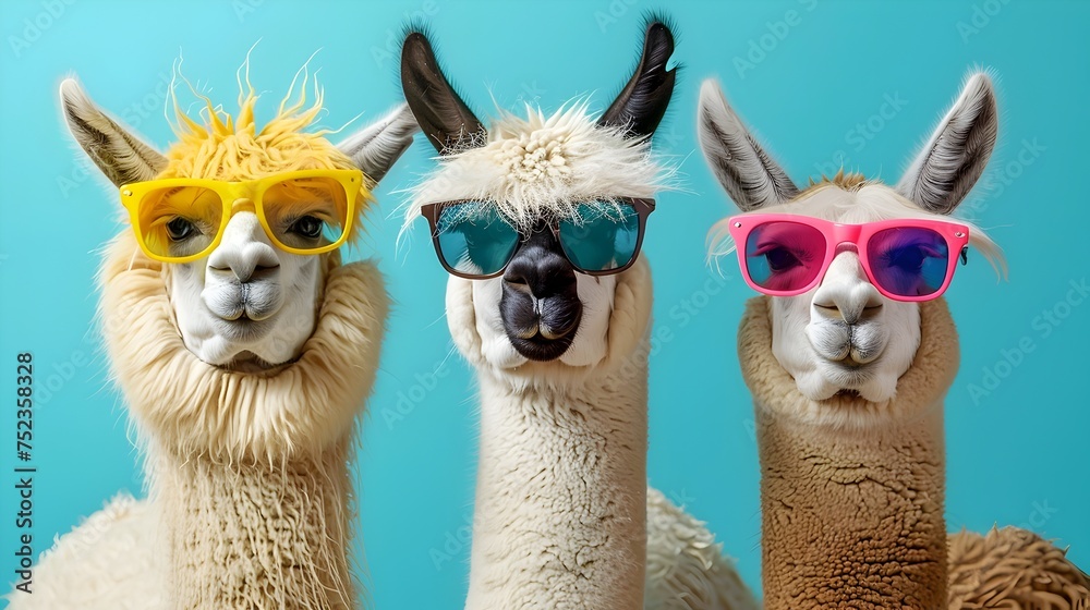 Three Llamas Wearing Sunglasses in Vibrant Style, To provide a creative and visually appealing image for use in advertising, marketing, branding, and