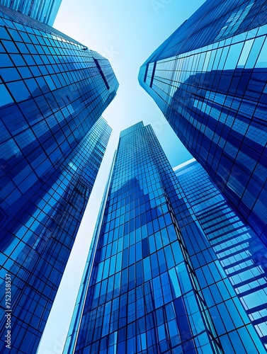 Blue Glass Skyscrapers in Minimalist Cityscape, A versatile and striking image for use in corporate marketing, advertising, and design materials, photo