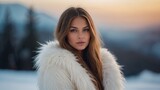 Beauty of a woman with long hair, white fur coat with long faux fur