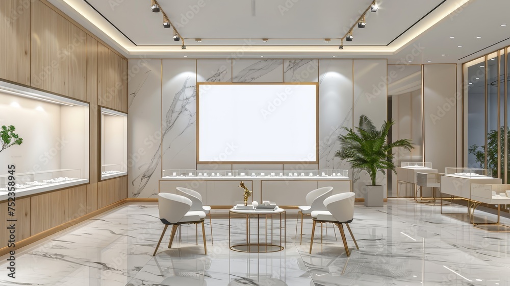 Fototapeta premium Modern and luxurious jewelry store interior featuring a minimalist design with marble floors and elegant furniture.