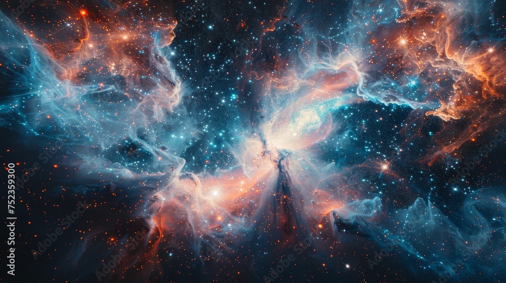 A dynamic and colorful nebula bursts with life, its vibrant hues and countless stars creating a mesmerizing tableau in the vastness of space.